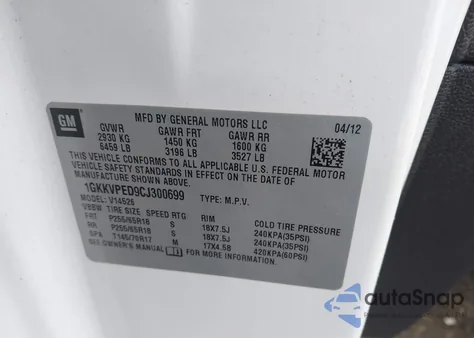 2012 GMC Acadia Sle из США, поврежденный, VIN 1GKKVPED9CJ300699